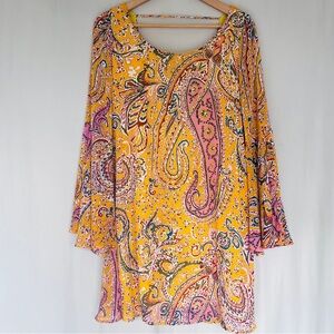 Swell Paisley Boho Dress Bell Sleeve Low Back A-Line Festival Retro • Size L